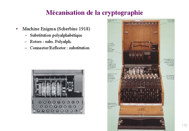 Mécanisation de la cryptographie • Machine Enigma (Scherbius 1918) – Substitution polyalphabétique – Rotors