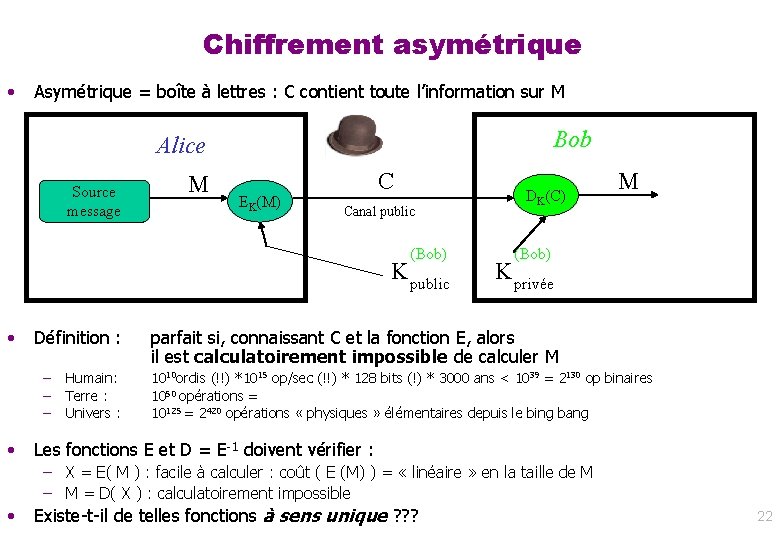 Chiffrement asymétrique • Asymétrique = boîte à lettres : C contient toute l’information sur