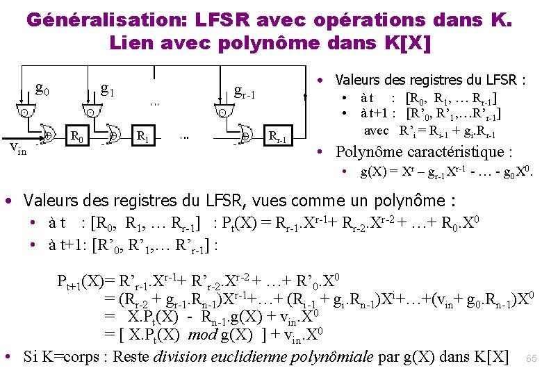 Généralisation: LFSR avec opérations dans K. Lien avec polynôme dans K[X] g 0 ⊙