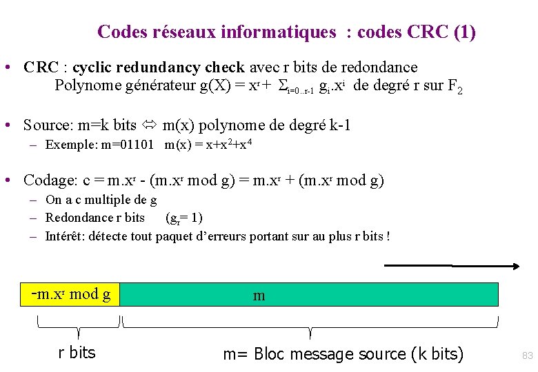 Codes réseaux informatiques : codes CRC (1) • CRC : cyclic redundancy check avec