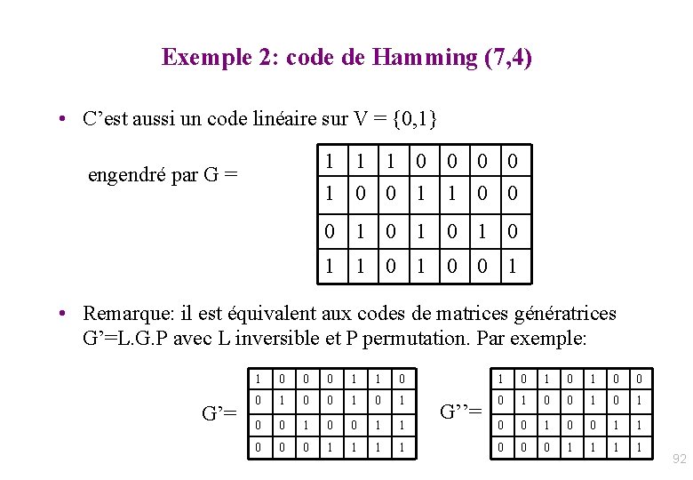 Exemple 2: code de Hamming (7, 4) • C’est aussi un code linéaire sur