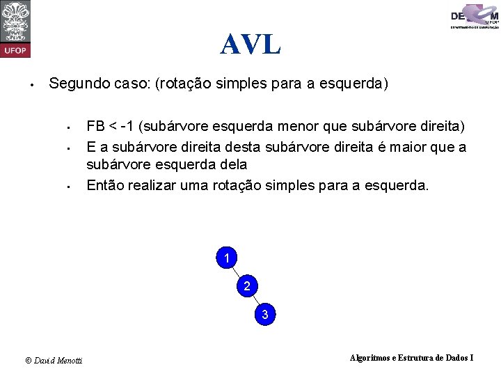 AVL • Segundo caso: (rotação simples para a esquerda) • • • FB <