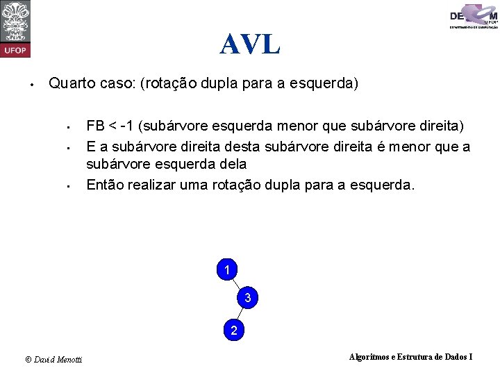 AVL • Quarto caso: (rotação dupla para a esquerda) • • • FB <