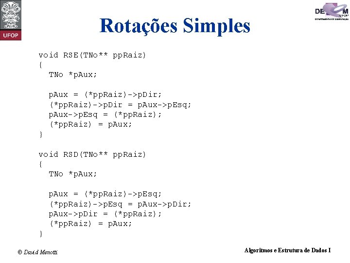 Rotações Simples void RSE(TNo** pp. Raiz) { TNo *p. Aux; p. Aux = (*pp.