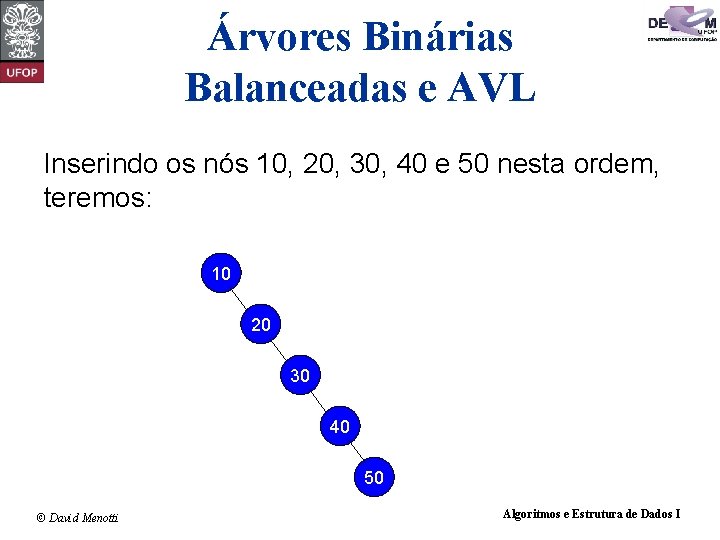 Árvores Binárias Balanceadas e AVL Inserindo os nós 10, 20, 30, 40 e 50