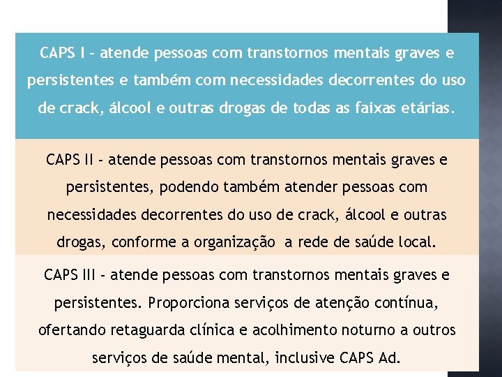 CAPS I - atende pessoas com transtornos mentais graves e persistentes e também com