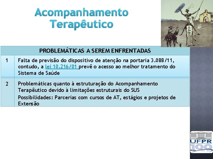 Acompanhamento Terapêutico PROBLEMÁTICAS A SEREM ENFRENTADAS 1 Falta de previsão do dispositivo de atenção