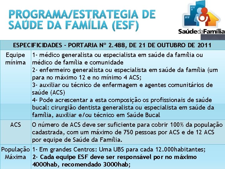 PROGRAMA/ESTRATEGIA DE SAÚDE DA FAMÍLIA (ESF) ESPECIFICIDADES - PORTARIA Nº 2. 488, DE 21