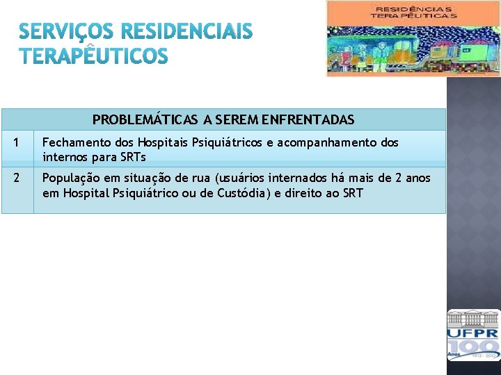 SERVIÇOS RESIDENCIAIS TERAPÊUTICOS PROBLEMÁTICAS A SEREM ENFRENTADAS 1 Fechamento dos Hospitais Psiquiátricos e acompanhamento