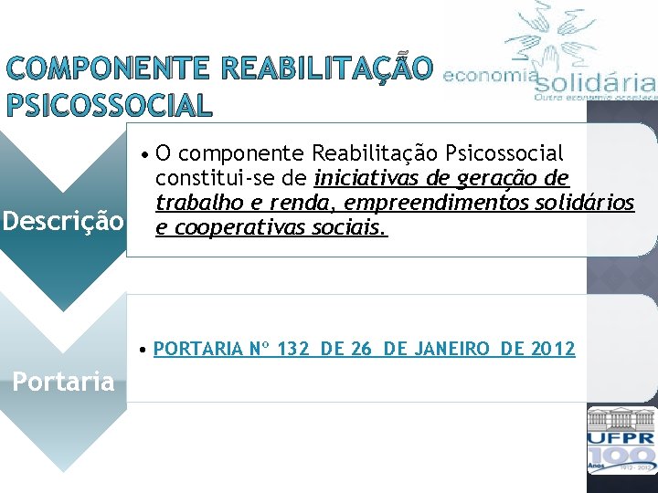 COMPONENTE REABILITAÇÃO PSICOSSOCIAL • O componente Reabilitação Psicossocial constitui-se de iniciativas de geração de