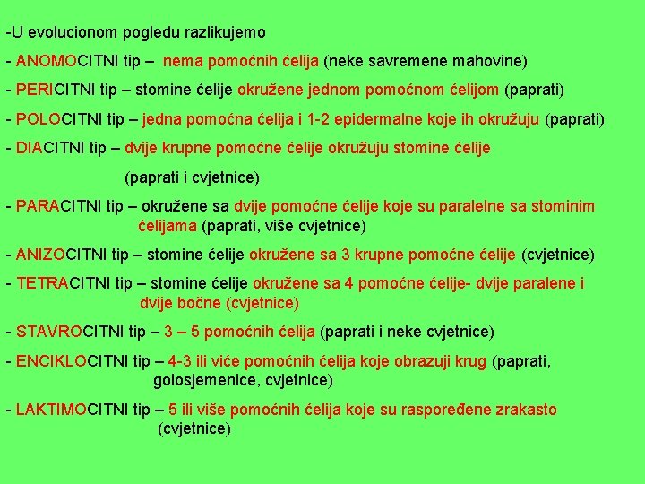 -U evolucionom pogledu razlikujemo - ANOMOCITNI tip – nema pomoćnih ćelija (neke savremene mahovine) -U evolucionom pogledu razlikujemo - ANOMOCITNI tip – nema pomoćnih ćelija (neke savremene mahovine)
