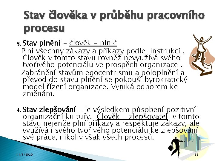 Stav člověka v průběhu pracovního procesu 3. Stav plnění - člověk - plnič Plní