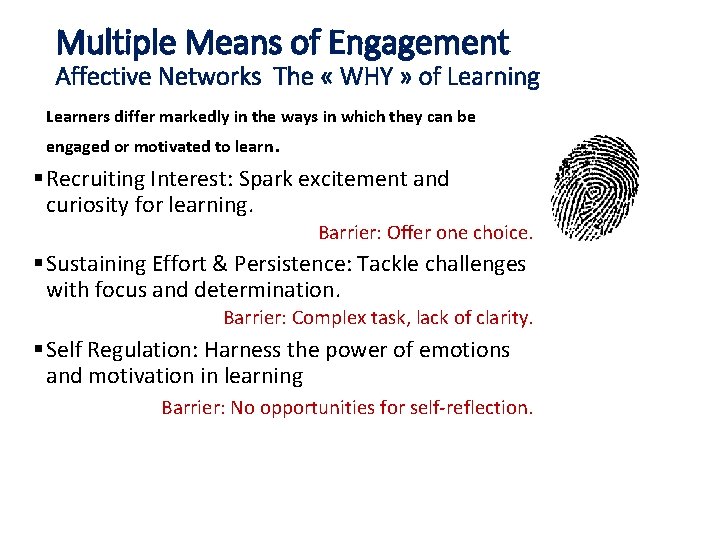 Multiple Means of Engagement Affective Networks The « WHY » of Learning Learners differ