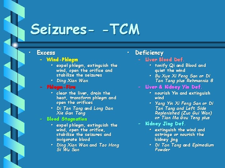 Seizures- -TCM • Excess – Wind-Phlegm • expel phlegm, extinguish the wind, open the