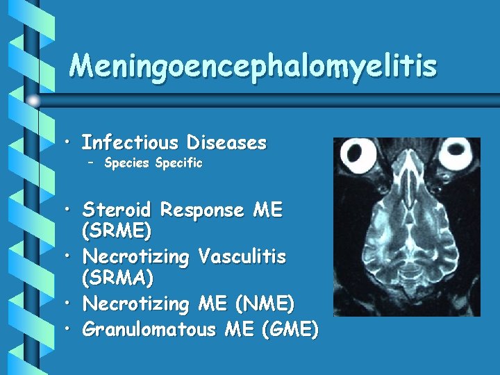 Meningoencephalomyelitis • Infectious Diseases – Species Specific • Steroid Response ME (SRME) • Necrotizing