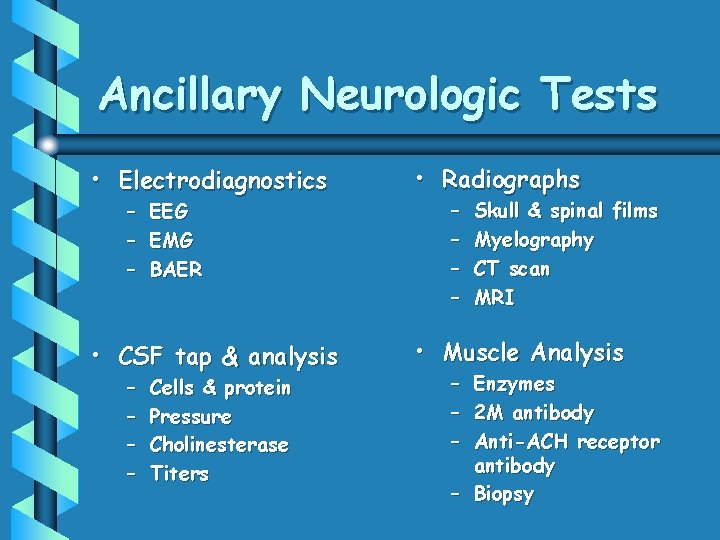 Ancillary Neurologic Tests • Electrodiagnostics • Radiographs • CSF tap & analysis • Muscle