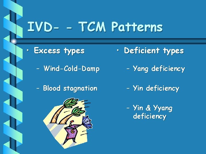 IVD- - TCM Patterns • Excess types • Deficient types – Wind-Cold-Damp – Yang