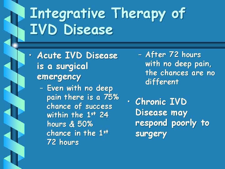 Integrative Therapy of IVD Disease • Acute IVD Disease is a surgical emergency –