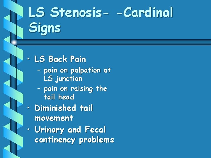 LS Stenosis- -Cardinal Signs • LS Back Pain – pain on palpation at LS