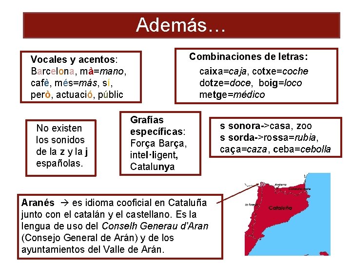 Además… Vocales y acentos: Barcelona, mà=mano, cafè, més=más, sí, però, actuació, públic No existen