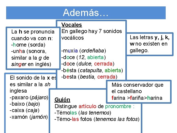 Además… Vocales La h se pronuncia En gallego hay 7 sonidos Las letras y,