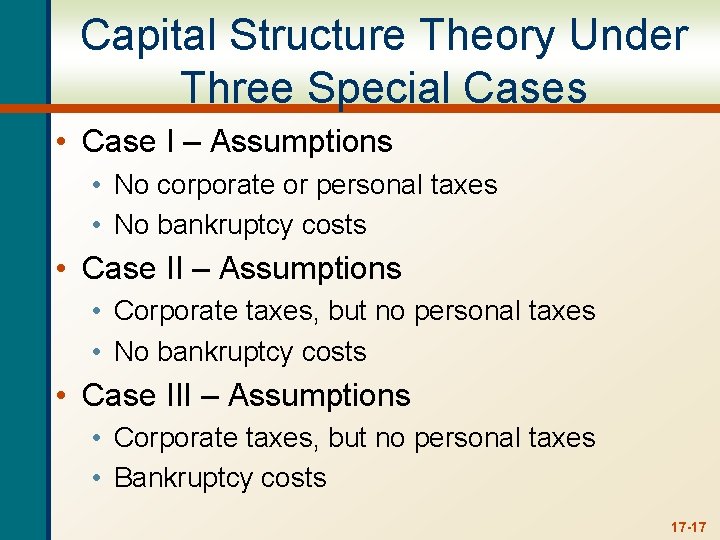 Capital Structure Theory Under Three Special Cases • Case I – Assumptions • No