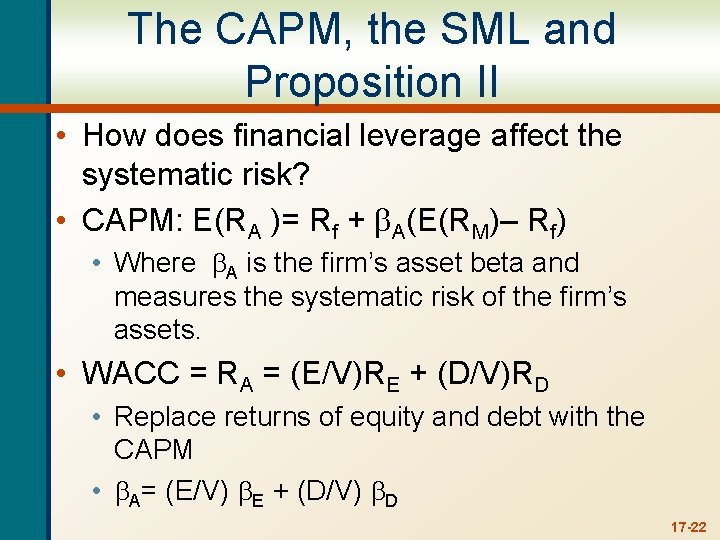 The CAPM, the SML and Proposition II • How does financial leverage affect the