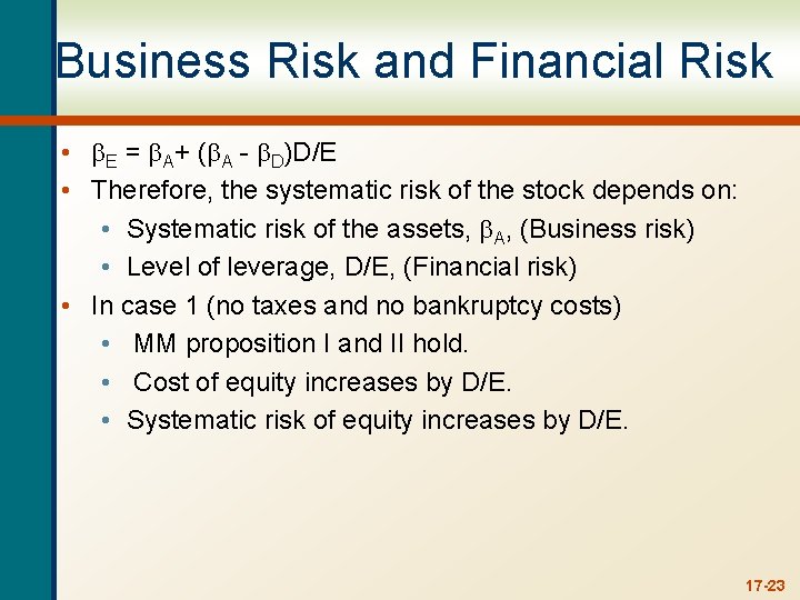 Business Risk and Financial Risk • E = A+ ( A - D)D/E •