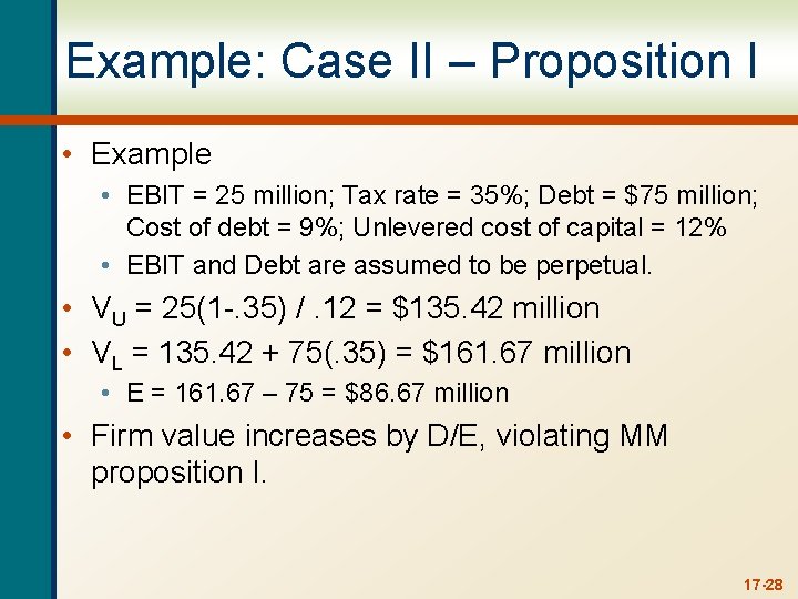 Example: Case II – Proposition I • Example • EBIT = 25 million; Tax