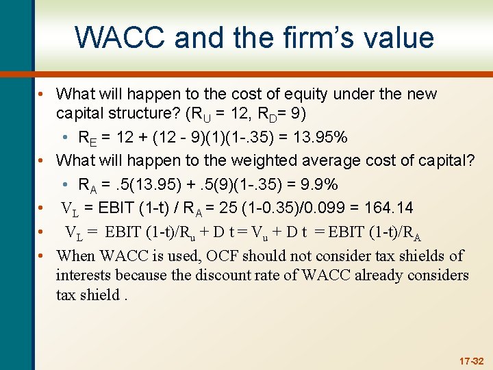 WACC and the firm’s value • What will happen to the cost of equity