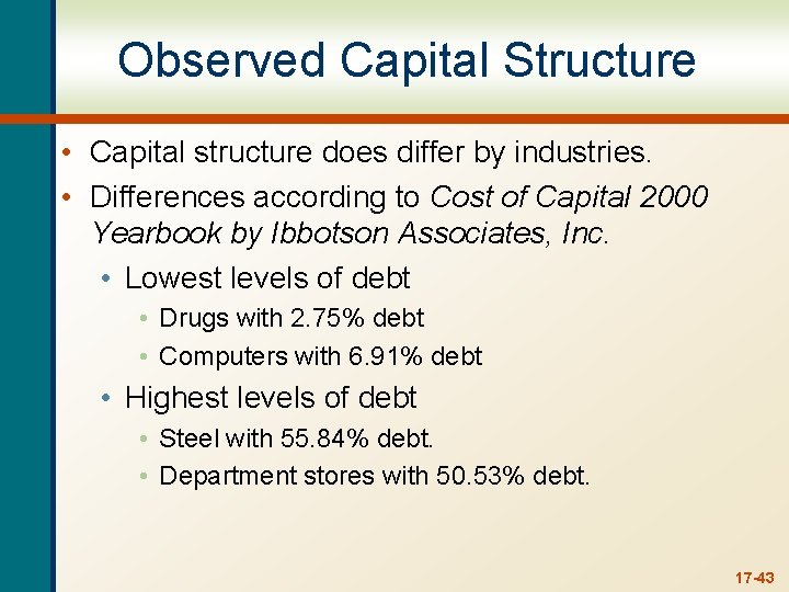 Observed Capital Structure • Capital structure does differ by industries. • Differences according to