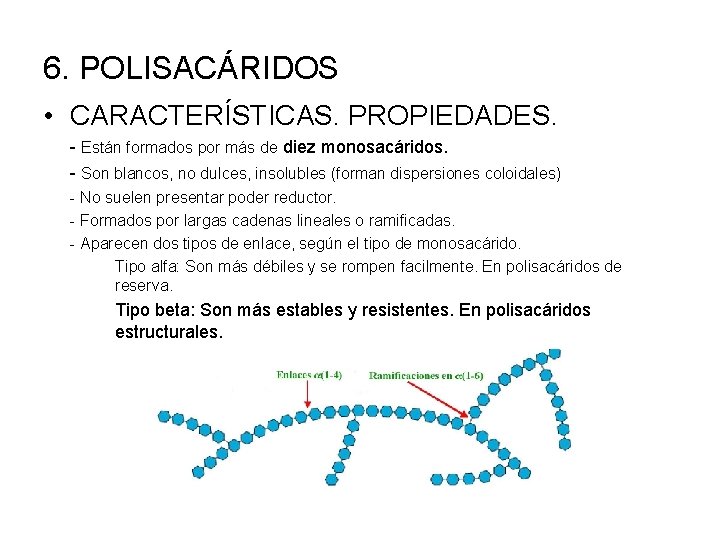 6. POLISACÁRIDOS • CARACTERÍSTICAS. PROPIEDADES. - Están formados por más de diez monosacáridos. -