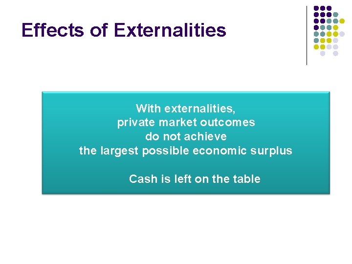 Effects of Externalities With externalities, private market outcomes do not achieve the largest possible