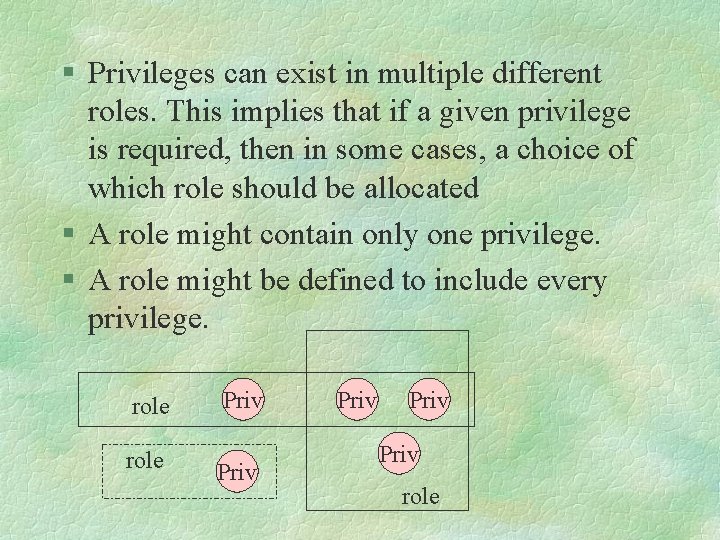 § Privileges can exist in multiple different roles. This implies that if a given