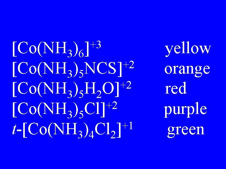 +3 ] [Co(NH 3)6 +2 [Co(NH 3)5 NCS] +2 [Co(NH 3)5 H 2 O]
