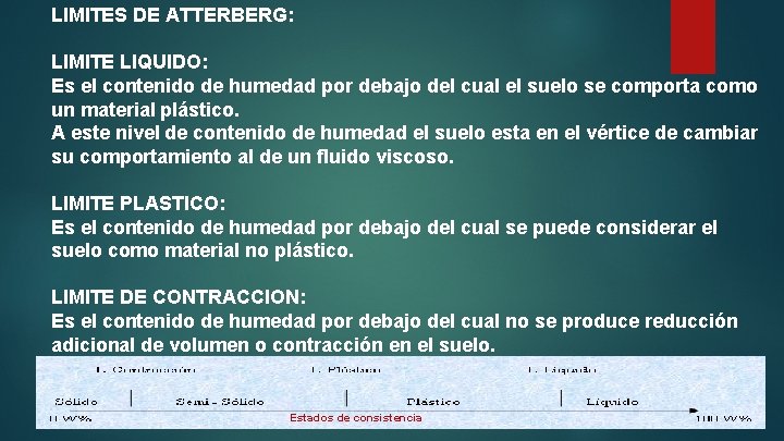 LIMITES DE ATTERBERG: LIMITE LIQUIDO: Es el contenido de humedad por debajo del cual