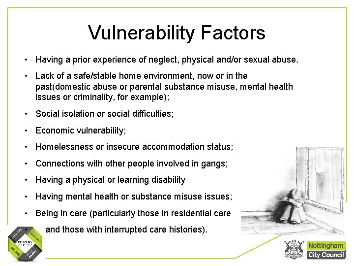 Vulnerability Factors • Having a prior experience of neglect, physical and/or sexual abuse. •