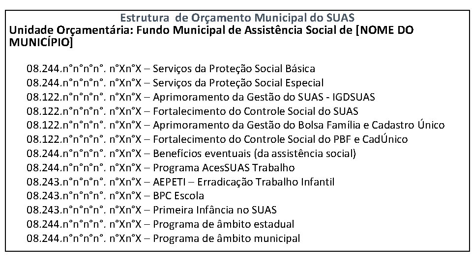 Estrutura de Orçamento Municipal do SUAS Unidade Orçamentária: Fundo Municipal de Assistência Social de