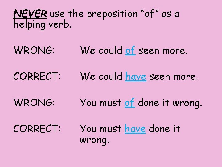 NEVER use the preposition “of” as a helping verb. WRONG: We could of seen NEVER use the preposition “of” as a helping verb. WRONG: We could of seen