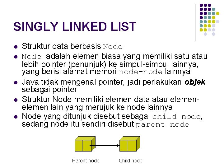 SINGLY LINKED LIST l l l Struktur data berbasis Node adalah elemen biasa yang