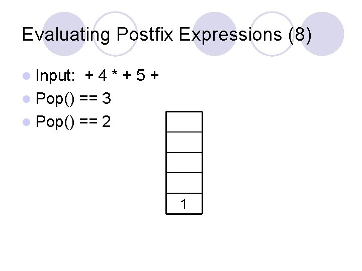 Evaluating Postfix Expressions (8) l Input: +4*+5+ l Pop() == 3 l Pop() ==