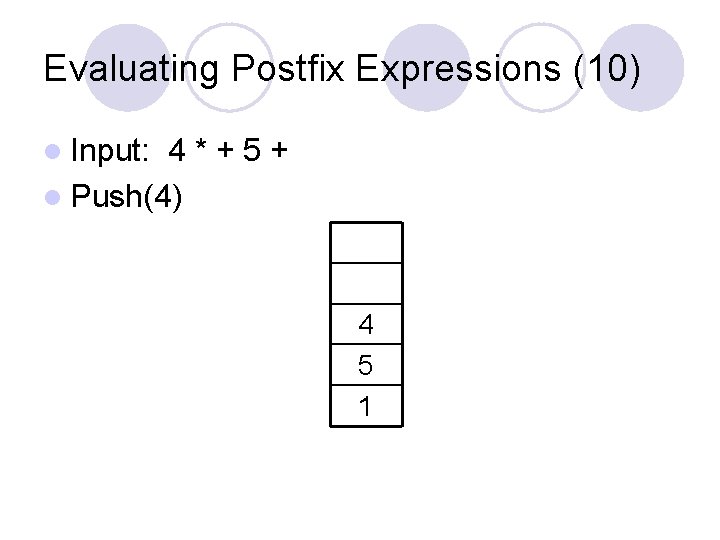 Evaluating Postfix Expressions (10) l Input: 4*+5+ l Push(4) 4 5 1 