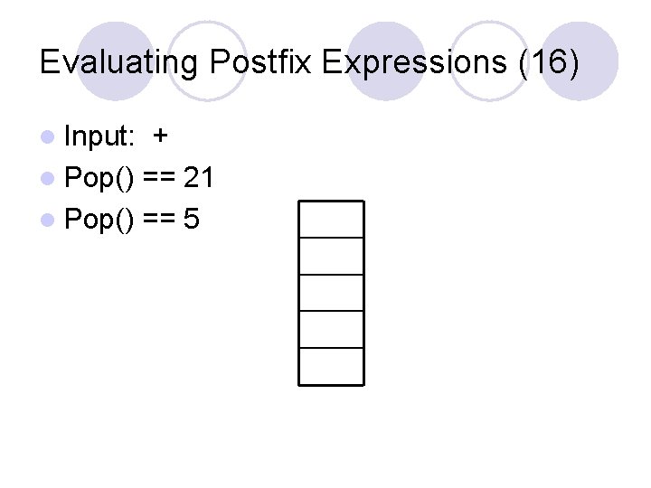 Evaluating Postfix Expressions (16) l Input: + l Pop() == 21 l Pop() ==