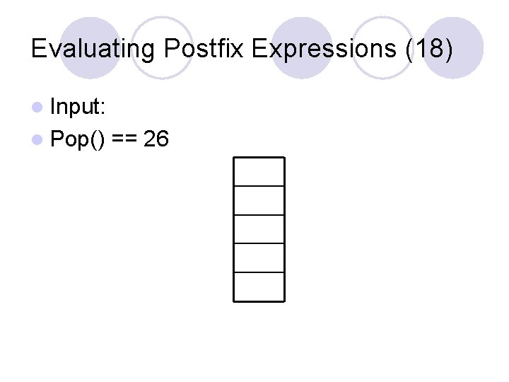Evaluating Postfix Expressions (18) l Input: l Pop() == 26 