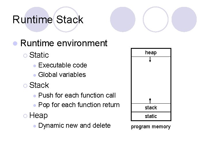 Runtime Stack l Runtime environment ¡ Static heap Executable code l Global variables l