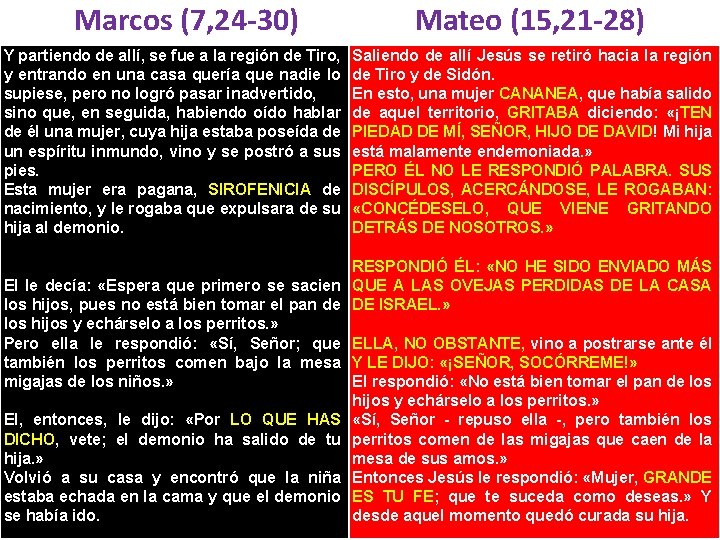 Marcos (7, 24 -30) Y partiendo de allí, se fue a la región de Marcos (7, 24 -30) Y partiendo de allí, se fue a la región de