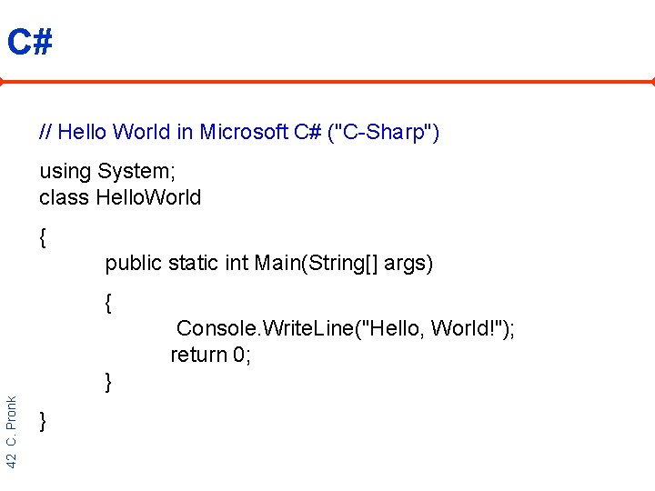 C# // Hello World in Microsoft C# ("C-Sharp") using System; class Hello. World {