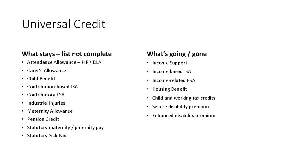 Universal Credit What stays – list not complete • • • What’s going /