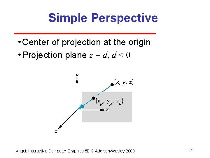 Simple Perspective • Center of projection at the origin • Projection plane z =