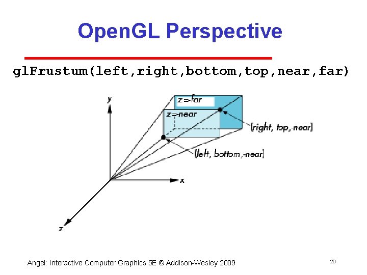 Open. GL Perspective gl. Frustum(left, right, bottom, top, near, far) Angel: Interactive Computer Graphics